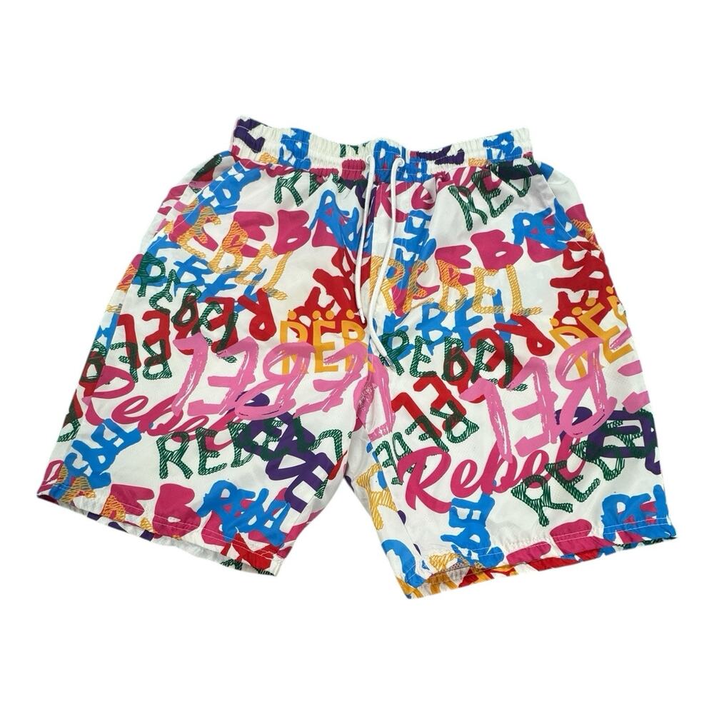 Rebel Minds Shorts Mens White REBEL Allover Mulitcolor Prints Medium Drawstring